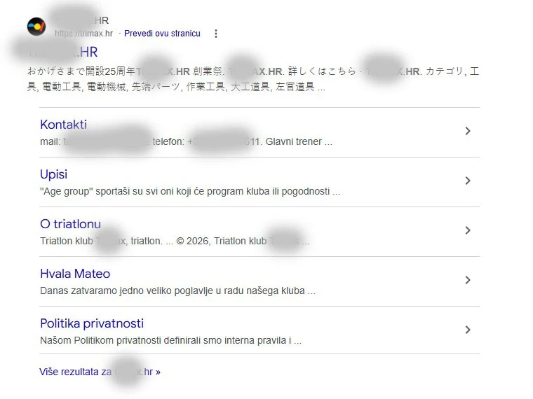 Stvarni primjer kompromitirane .hr domene u Google rezultatima